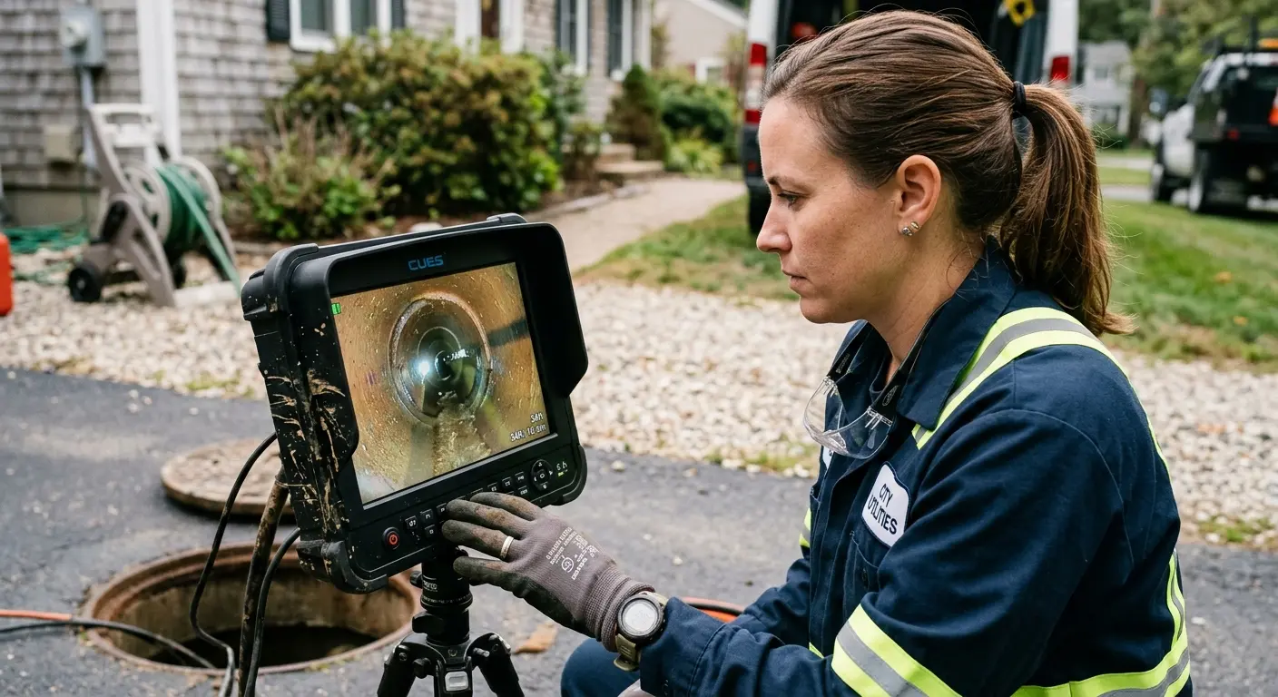 Technician reviewing sewer camera inspection footage in Kinnelon