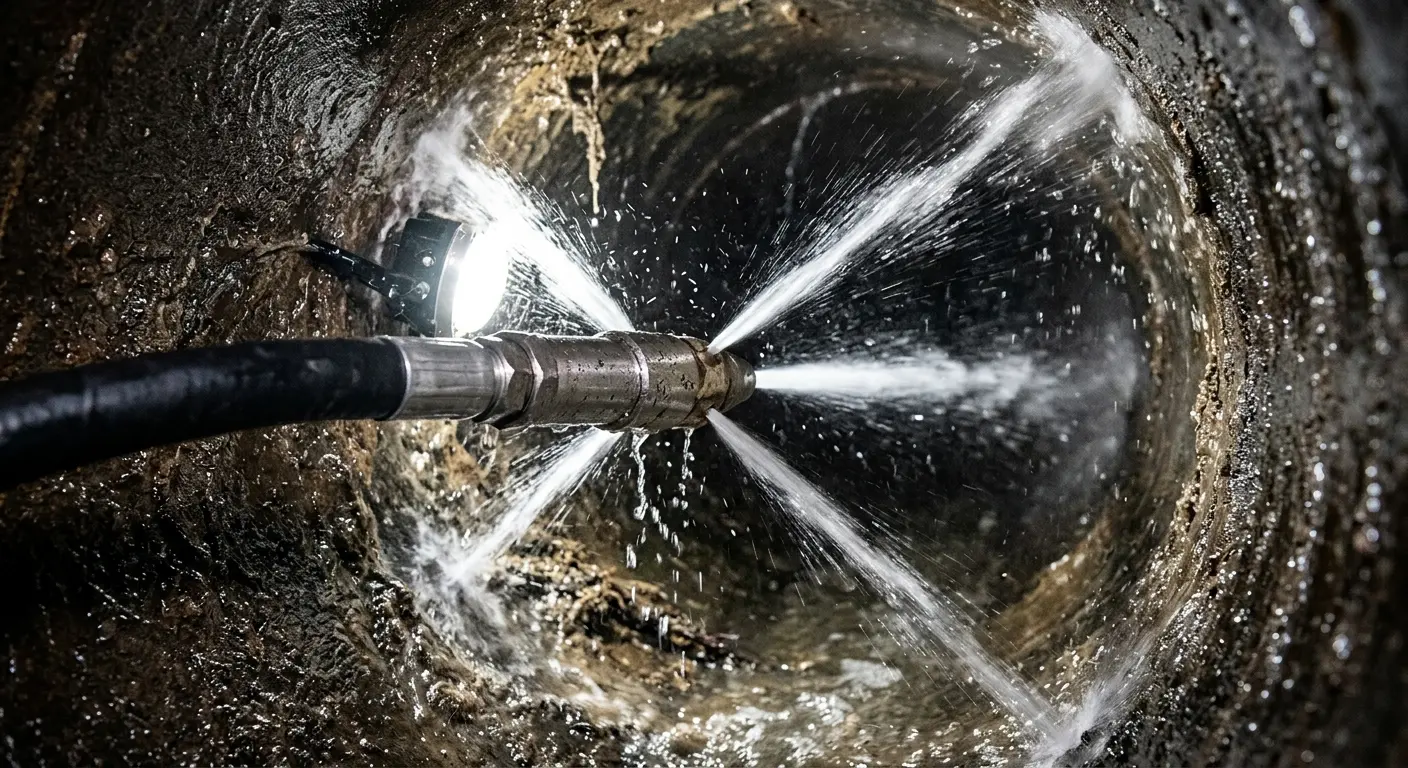 High-pressure hydro jetting nozzle cleaning sewer pipe for Sewer Cleanout in Kinnelon