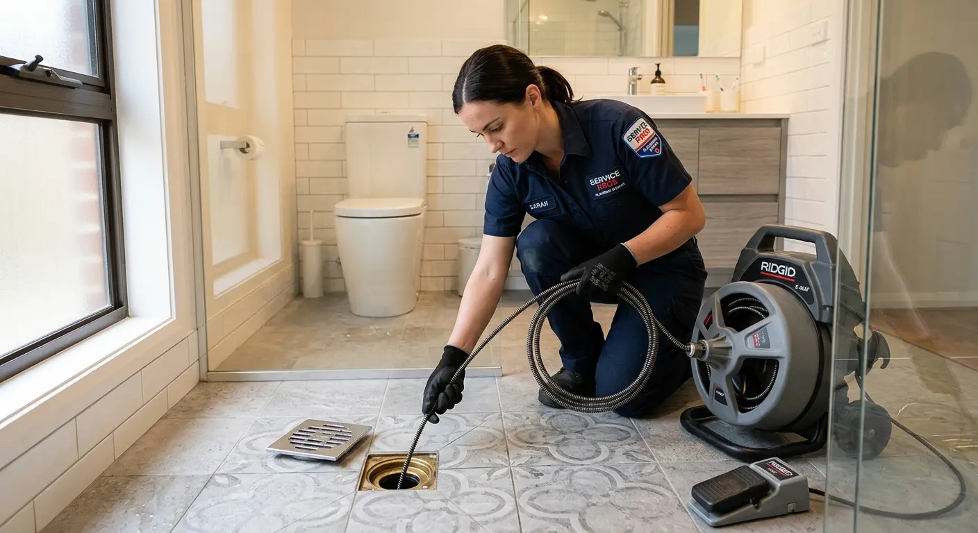Technician clearing a bathroom floor drain for Drain Cleaning in Kinnelon